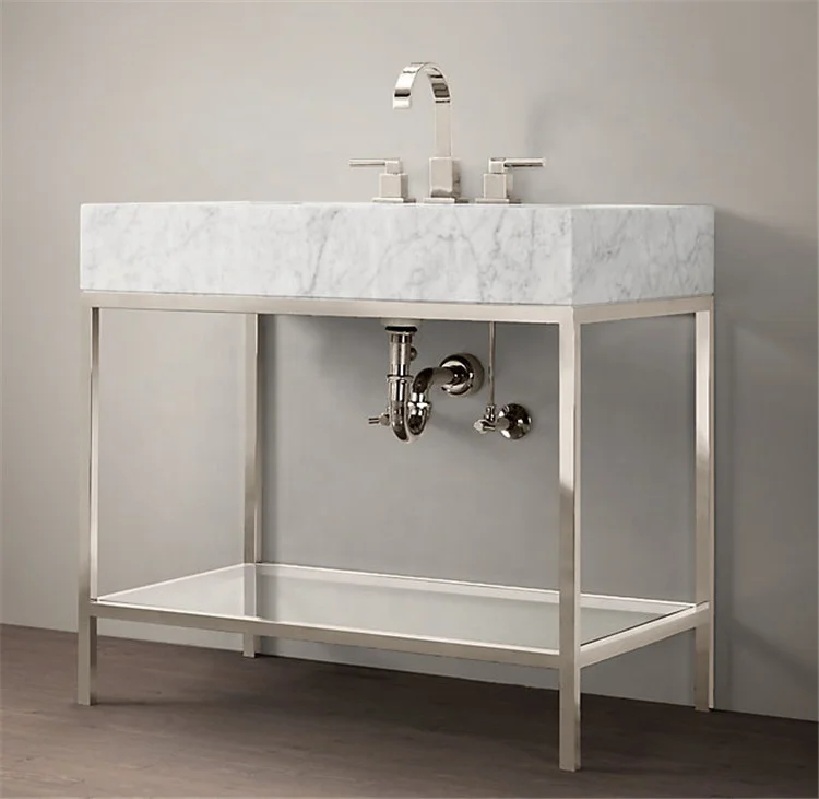 Bathroom Sink Console With Shelf Vanity Basin Metal Table Legs Marble Quartz Stone Countertop Bathroom Vanity Top