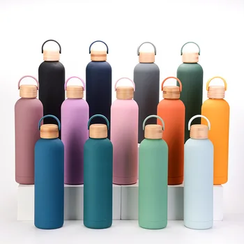 2023 hot sale colorful 750ml Double Wall Stainless Steel Cup Insulated Outdoor Water Bottle with bamboo lid