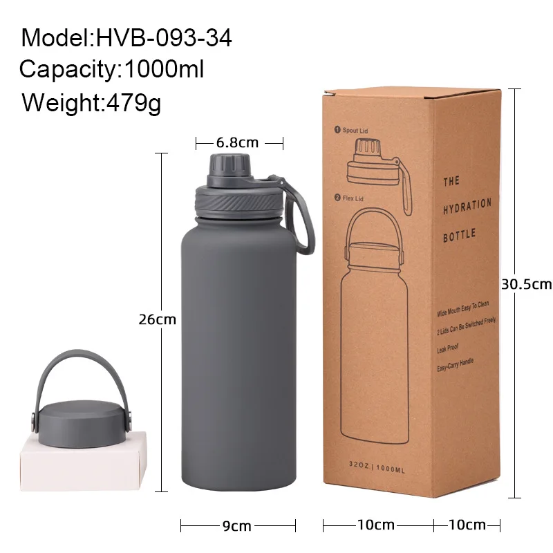 New Design 1L Vacuum Insulated Sport Gym Camping Stainless Steel Water Bottle With Handle