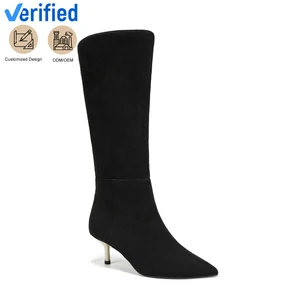 Women's Fashion Black Suede Knee-High Stiletto Heel Boots Autumn/Spring Western Snow Platform Boots with Soft Rubber/PU Insole