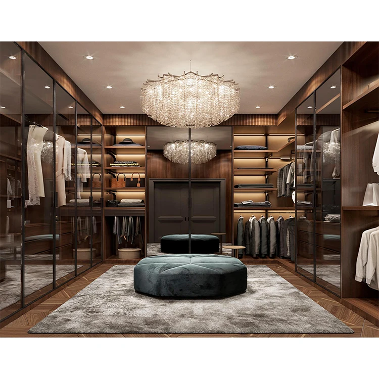 Modern Home Hotel Dressing Room Walking Wardrobe Design Custom Bedroom  Metal Frame Wood Walk in Closet with Center Island