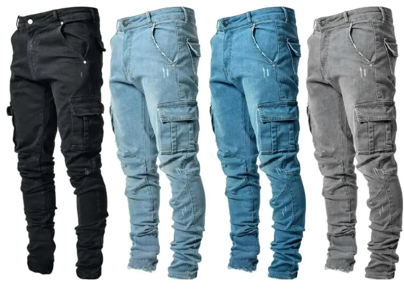 Factory custom jeans Black blue denim Cargo pants multi pocket slim fit Men's overalls jeans