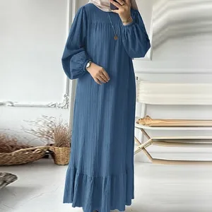 Wholesale Muslim Women Robe Fashion Long Sleeve Vintage Solid Color Ruffled Hem Dress