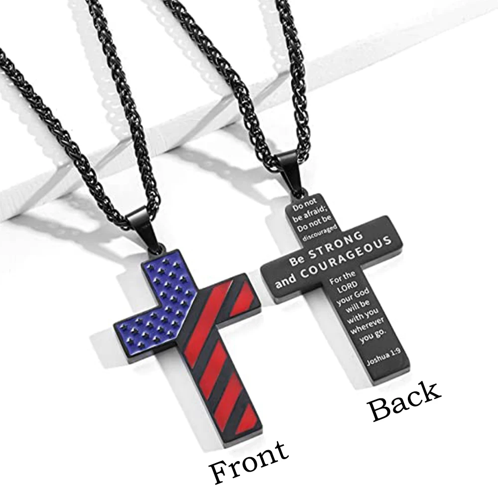 Personalized American Flag Patriotic Cross Necklace Christian Religious Bible Verse Pendant Jewelry for Men Women Memorial Gift