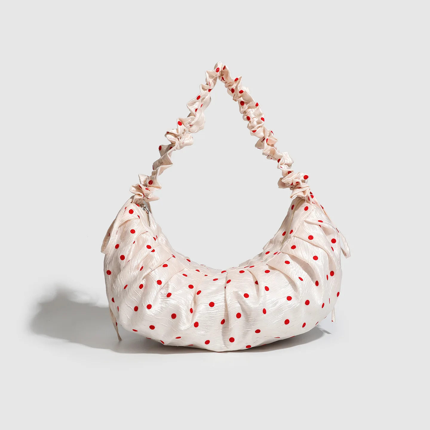 2026 New Style Spring Summer Ruffle Polka Dot Dumpling Bag Drawstring Zipper Pink Underarm Zipper Shoulder Bag for Women