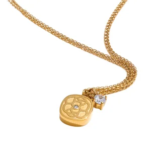 MW 18K Gold PVD Plated Stainless Steel Zirconia Square Flower Thick Necklace Pendant for Anniversary