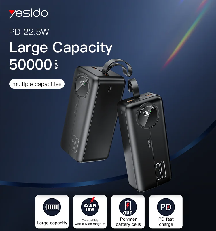 Yesido LCD Digital Display Power Bank Portable Charger 22.5W Fast Charging Power Bank 30000mAh 40000mAh 50000mAh