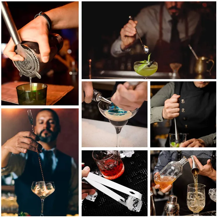 Прямая поставка с завода, изготовленный на заказ, комплект из 12 штук бармена из нержавеющей стали с бамбуковой подставкой