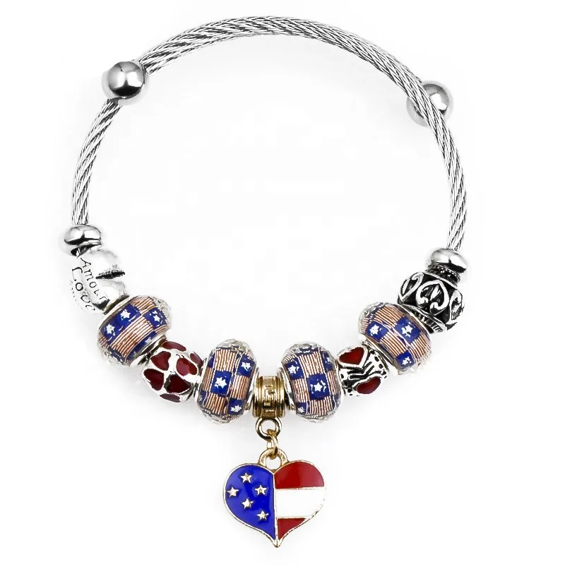 Fashion Charm Bracelet Fourth of July USA Crystal Bead Heart