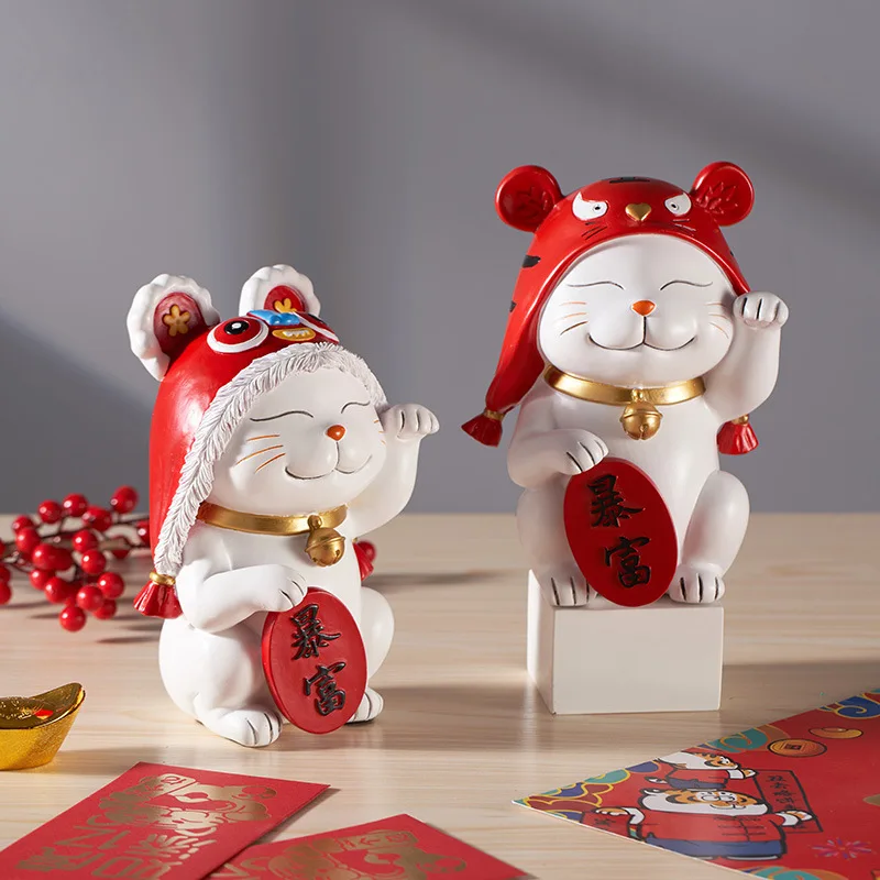 Resin Lucky Cat Figurines For Interior Home Office Living Room Bedroom