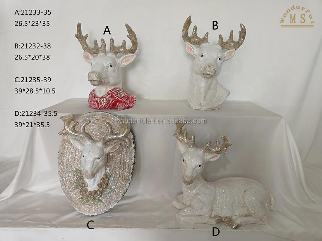 Polistone xmas statue deer head figurine Christmas resin statue with light led gifts for home decoration