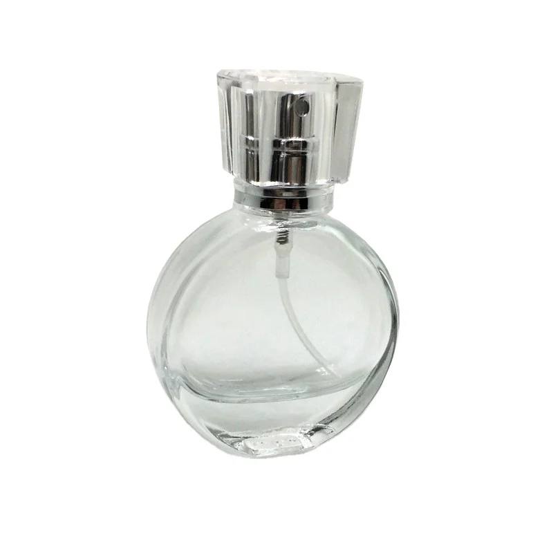 STOCK Elegant 25ml Oval Shape Clear Glass Perfume Bottle Refillable Pump Atomizer Bottle with Sprayer and Clear Caps