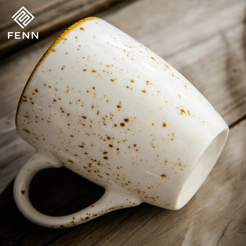 FENN Factory Manufacture OEM ODM Custom 400ML Rustic Spray Glaze Porcelain Mug Cups White Vintage Style Speckled Coffee Mug