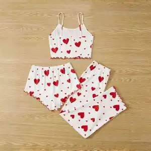 3PCS Summer Sleepwear Women Love Heart Print Relaxed Fit Pajama Set Round Neck Backless Crop Cami Top Loungewear