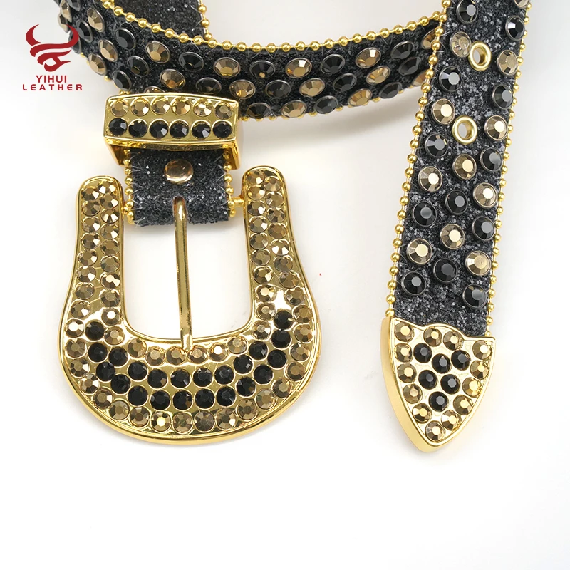 Sparkle Western Cowboy Leather Diamond Belt Men studded crocodile PU Golden  Rhinestone Designer Belt Bb Simon