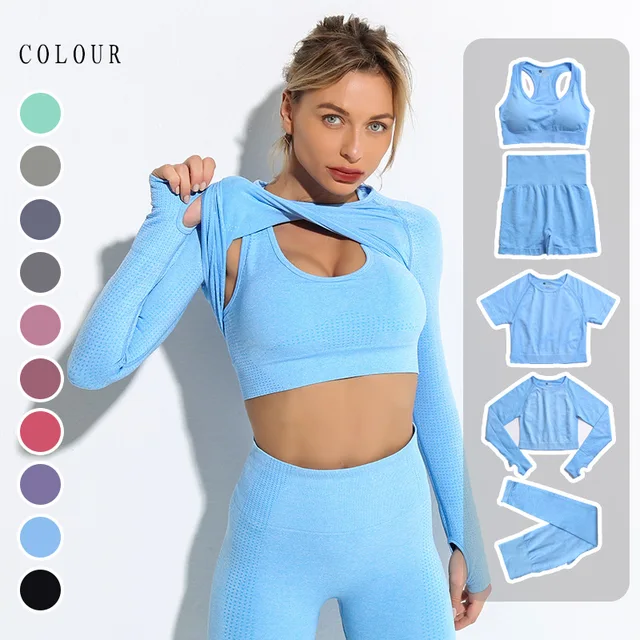 Women's Breathable Lightweight Seamless Workout Yoga Set Gym Clothing Fitness Set with Elastic Waist Solid Pattern Front Logo