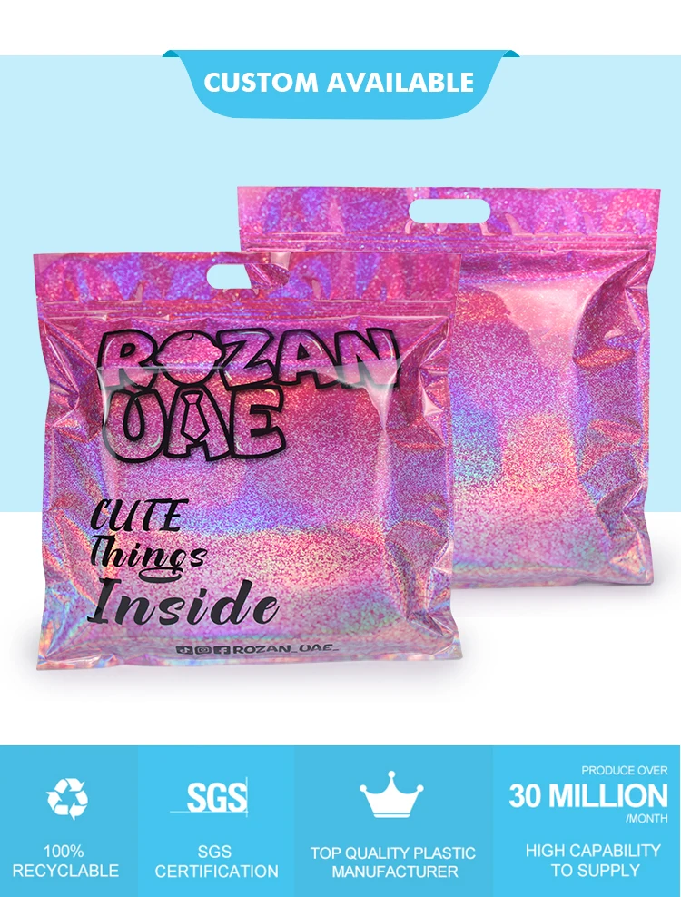 Custom Printed Logo Holographic Die Cut Handle Bag Pink Foil Carry Bag