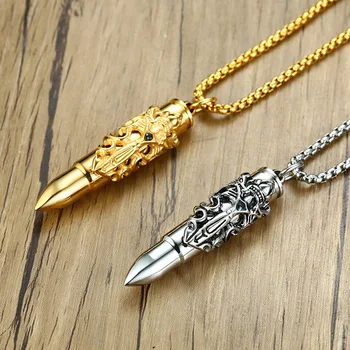 2022 New Arrival Punk Design 18k GoldDragon Sword Pendant Necklace 316L Stainless Steel Bullet With Eagle Pendant Chain Jewelry