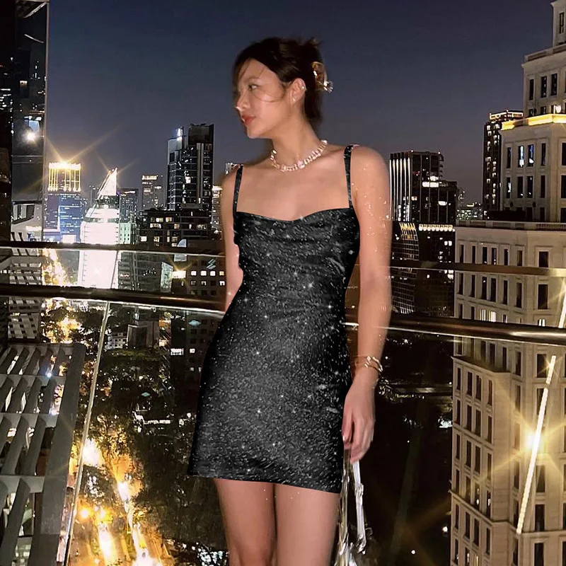 dress bodycon ALLNeon 90s Rave Outfit Glitter Cowl-Neck Lace Up Sequins Dress Y2K  Clubwear Sexy Backless Bodycon Strape Mini Dress Party Cloth