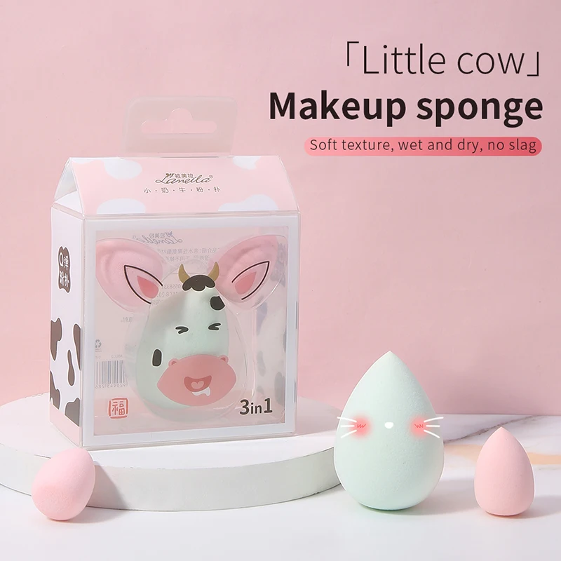 LMLTOP 3pcs Carton Cow Makeup Sponges for Foundation Private Label WaterDrop Shape Makeup Sponge Set Cute Blender Beauty A80212
