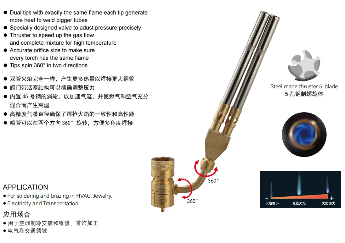 High Quality HT-1D2 Dual-Tip Torch (both the Bent Tube and the Tip Can Swivel 360&deg;) Brass Made High Flame Temperature Torch