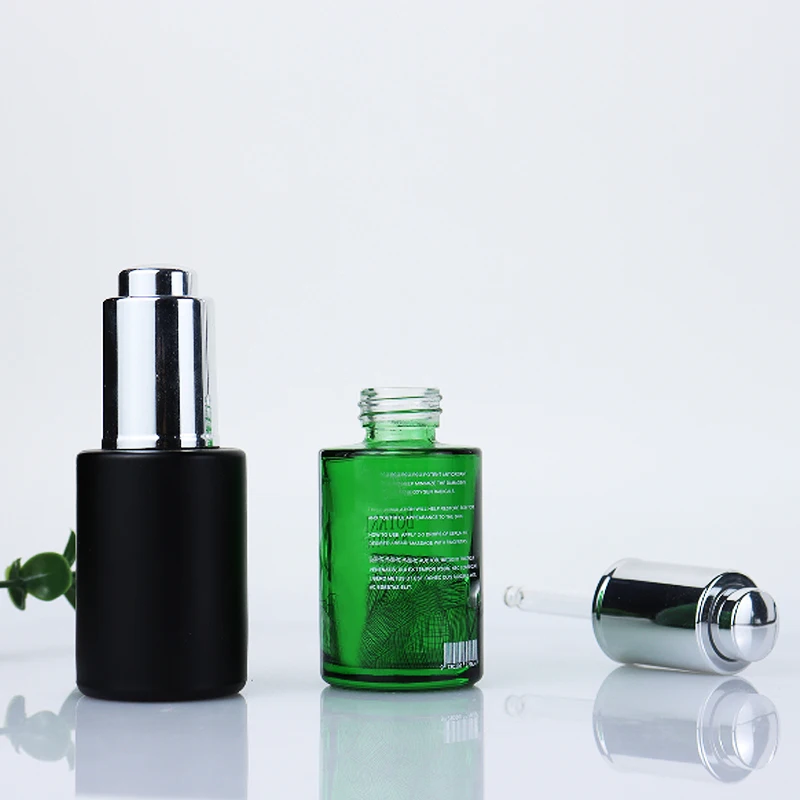 New Design Push Button Flat Shoulder 30ml Essential Oil Bottle Frosted Cosmetic Glass Dropper Bottle