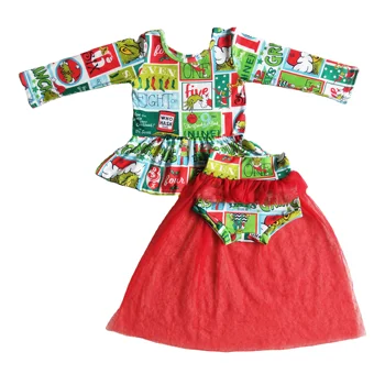 Boutique Girls' Boutique Clothing Sets Christmas Red Long Sleeves Ruffle Top Tulle Skirt Short Bummie Toddler Child Clothing Set