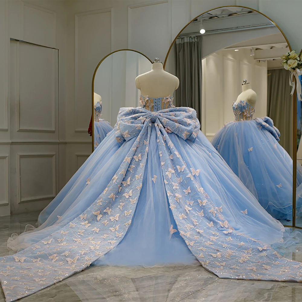 Luxury Blue Butterfly Bow Sweet Ball Gown Jancember RL254
