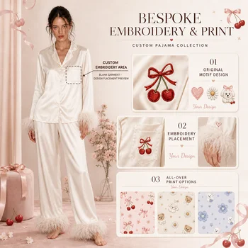 Feather Trim Satin Pajama Set Women Lapel Long Sleeve Button Front Loose Pants Soft Breathable Loungewear