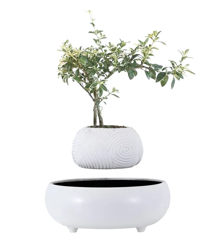 Nordic Unique Handmade White Ceramic-like Smart Decor Resin Garden Magnetic Floating Levitating Flower Pot Bonsai Pot