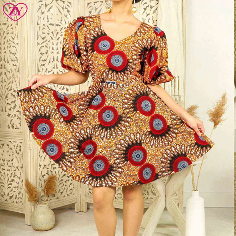 Elegant African Traditional Women Clothes Women African Dresses Puffy  Sleeve V Neck African Styles Dress