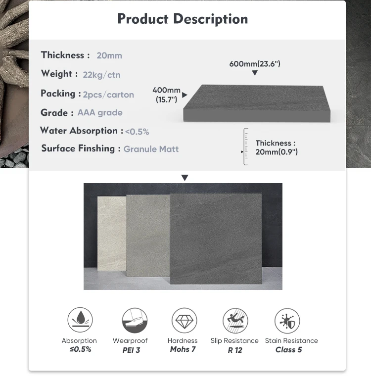 Cheap Matt Finish Heat Resistant Anti Slip Rustic Concrete 20mm