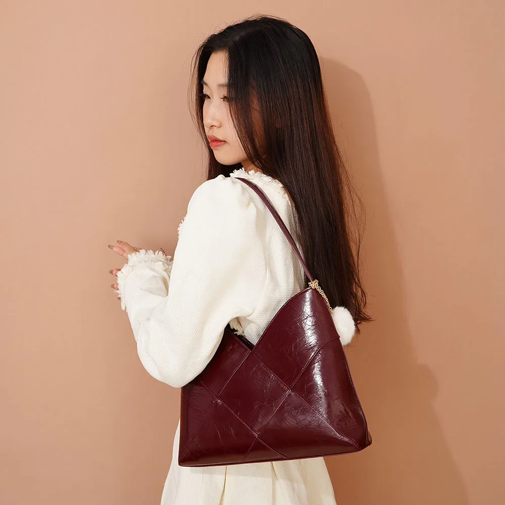 New Vintage INS Style Ladies Genuine Cow Leather Tote Bag Handbags with String Closure for Women and Girls