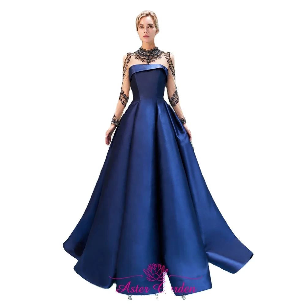navy blue prom dress with sleeves Ball Gown Long Sleeves Off Shoulder Beaded Navy Blue Prom Dress PSK342 US12 / Custom Color