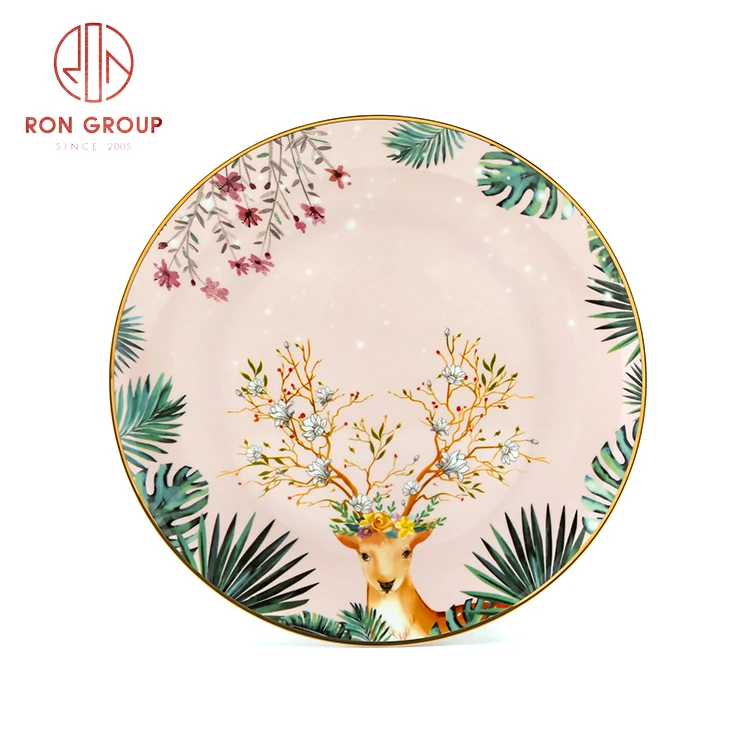 fancy sika deer gold rim pink bone china creative Christmas plates decorative dinner set plates sets dinnerware