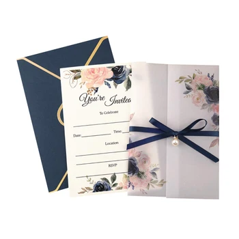 Luxury Blank Invitation Greeting Cards Wholesalers Gold Blue Wedding Cards Design Invitation Greeting Cards With Ribbon