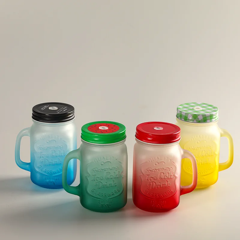 Reusable 16oz 450ml Colored Mason Glass Juice Drinking Jar With Straw Lid Glass Mug for Iced Lemon Water Juice Drinking