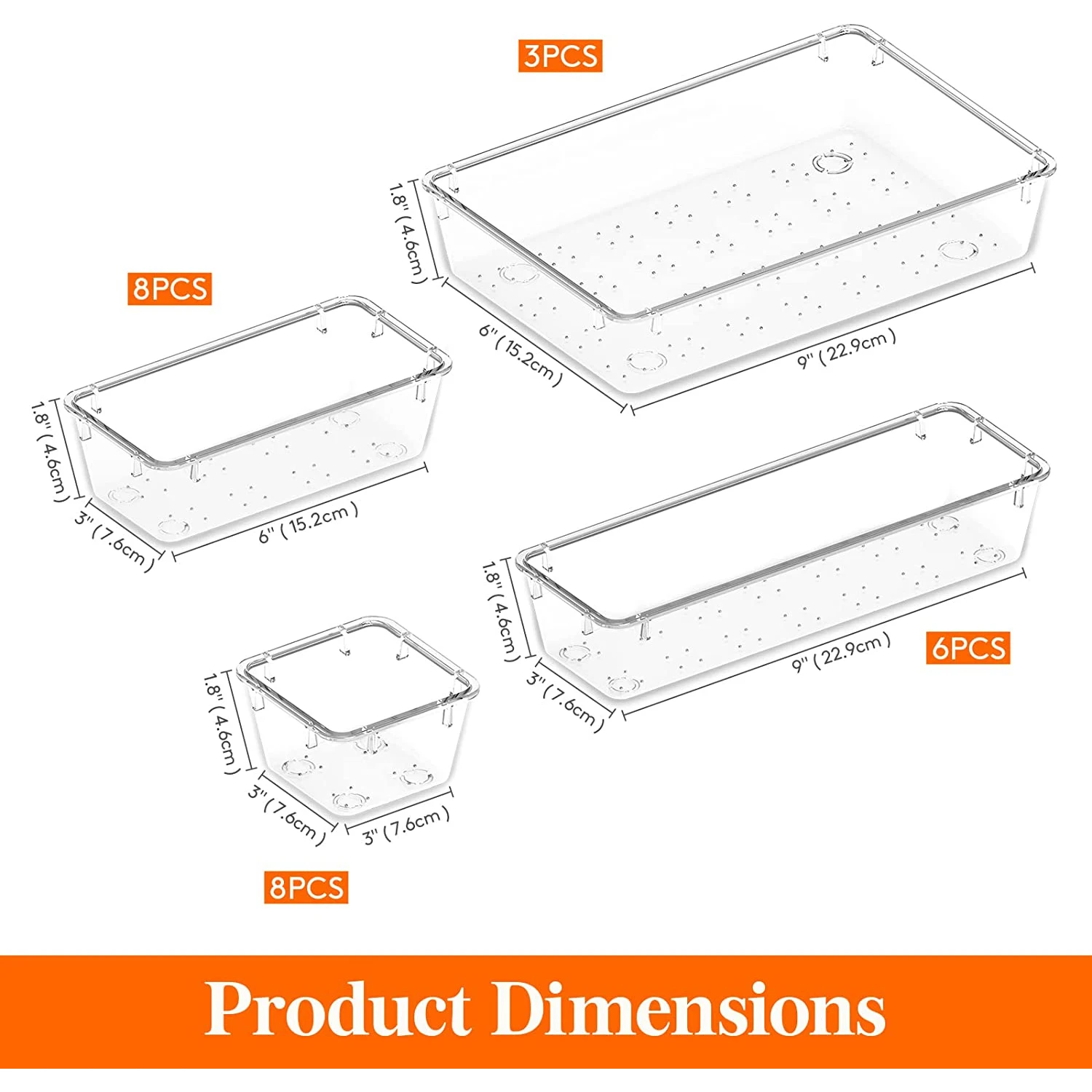 Set di 12 organizer per cassetti in plastica trasparente, in acrilico, antiscivolo, non si rompe, divisori di grandi dimensioni, multifunzione, per cosmetici, bagno, strumenti, cucina e ufficio