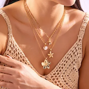 Trendy Multi Layer Starfish Pearl Pendant Necklace Women Bohemian Holiday Cross Border Jewelry