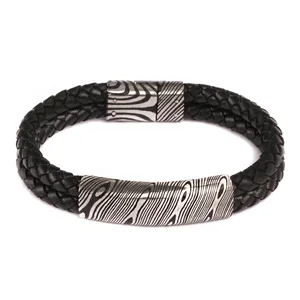 Tizti Jewelry Unique Magnetic Clasp Bangle Style Damascus Steel Double Braided Black Leather Fashion Bracelet