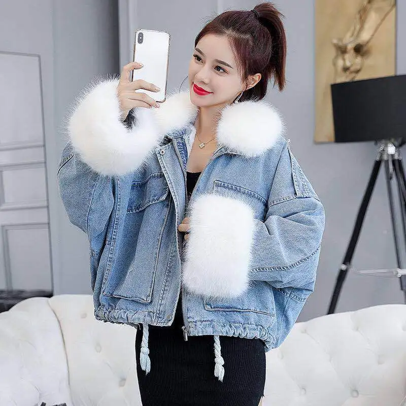 Outerwear Womens Fur Collar Denim Jacket Winter Ladies Denim
