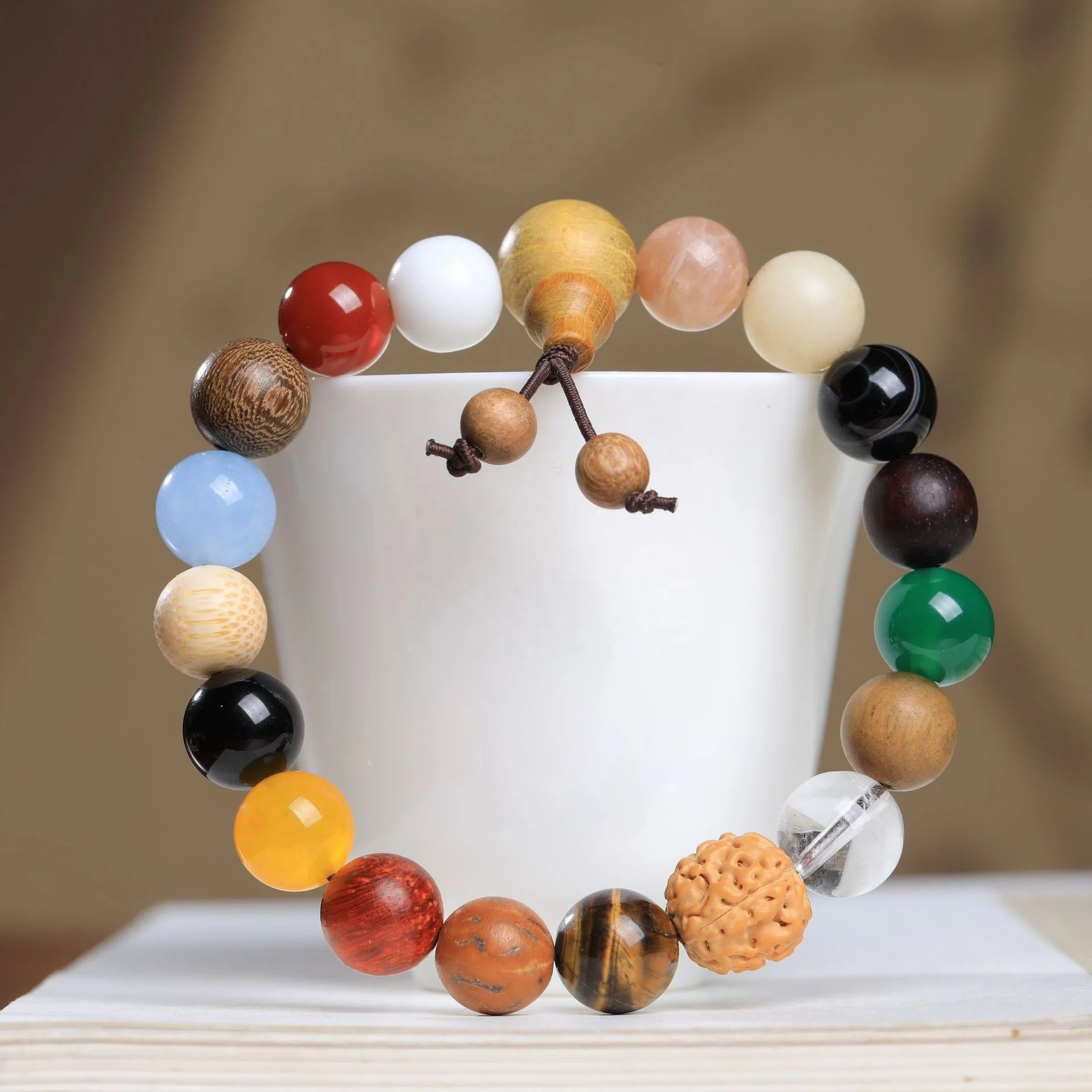 Braccialetto Mala Tibetano In Perle Di Legno Naturale 15mm - Per Meditazione, Preghiera, Buona Fortuna - Elastico, Fatto A Mano
