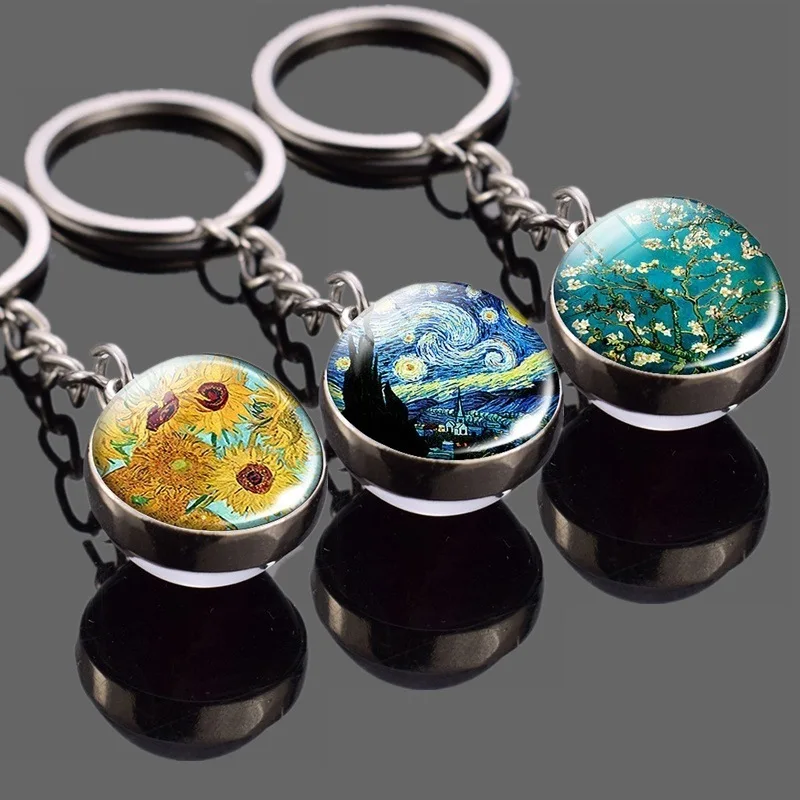 Van gogh Oil painting Starry Sky Acrylic Keychain Cartoon Key Ring for  Women's Backpacks Bags Jewelry Best Gift Id Badge Holder