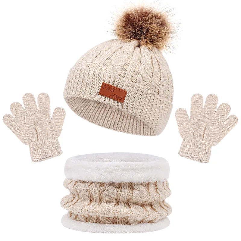FF514 Kids Winter Hat Set Fleece Lined Wool Knitted Hats