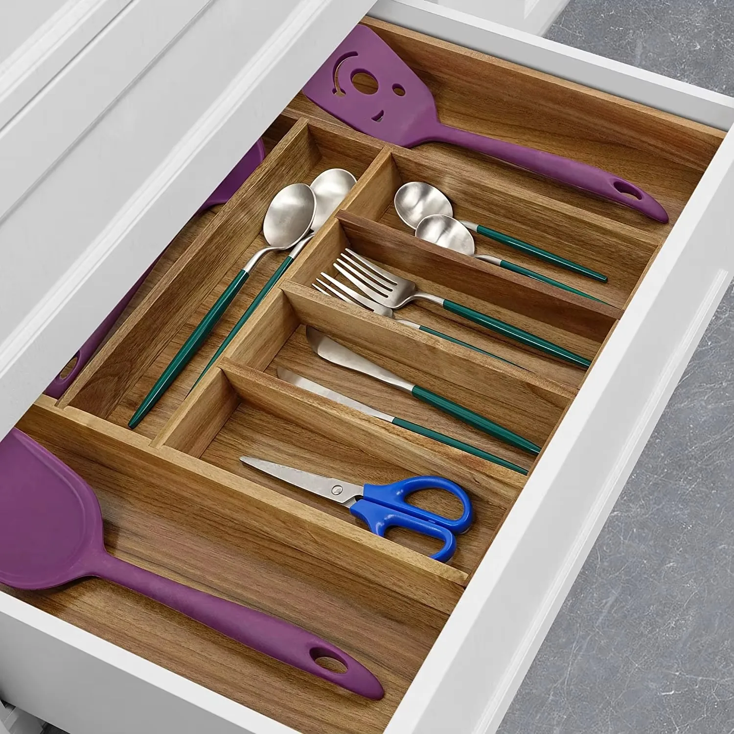 product expandable cutlery tray acacia wood silverware kitchen silverware wooden drawer organizer kitchen utensil tray storage holder-9