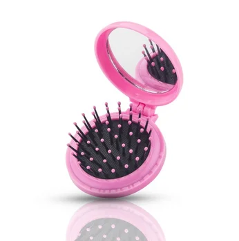cute  Makeup Comb Hair Brush Pro Styling Tool Portable Mini Folding Comb Airbag Massage Round Travel Hair Brush with Mirror