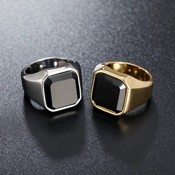 Titanium Steel Gold Silver Color Punk Mens Finger Square Black Gem Onyx Agate Ring