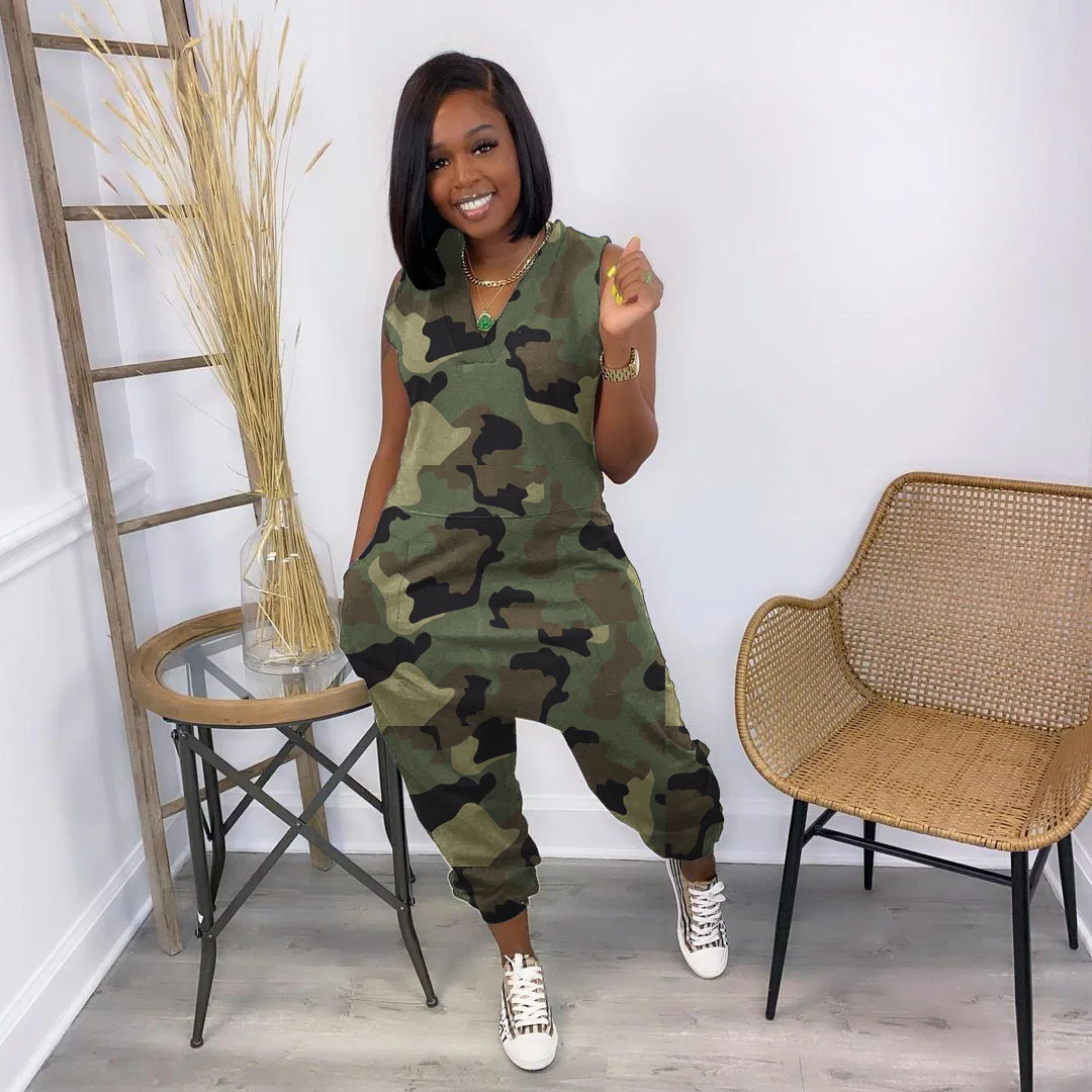 Woman Plus Size Jumpsuit Camouflage Printed Sleeveless V Neck One Piece  Rompers Women Jumpsuit Casual Sexy Jumpsuits for Women