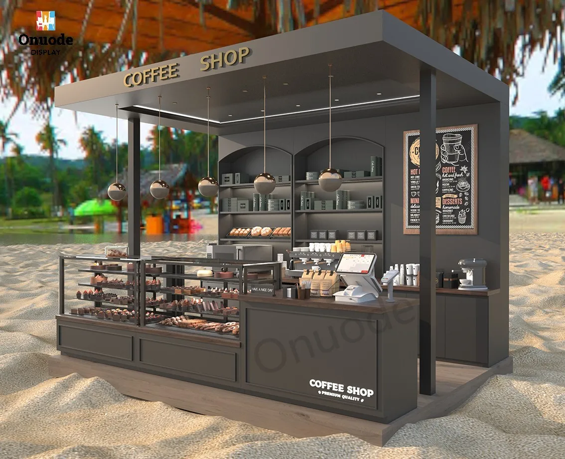 Modern Stylish Coffee Shop Counter Display Cabinet LED Lighting Kiosk Showcase for Coffee Counter Displays