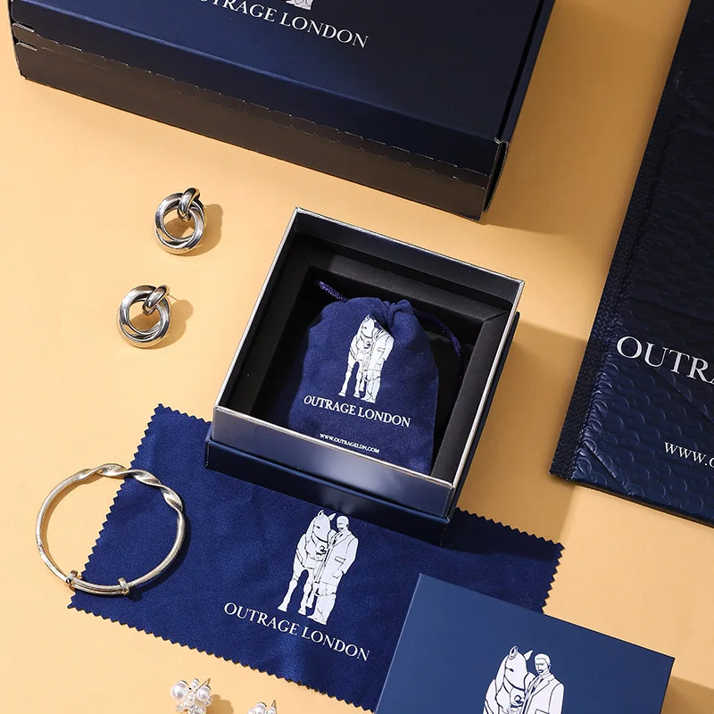 Wholesale Luxurious Blue Lid Base Jewelry Box Set Embossed Printing Drawstring Bag Protective Bubble Bag Polishing Cloth Custom supplier